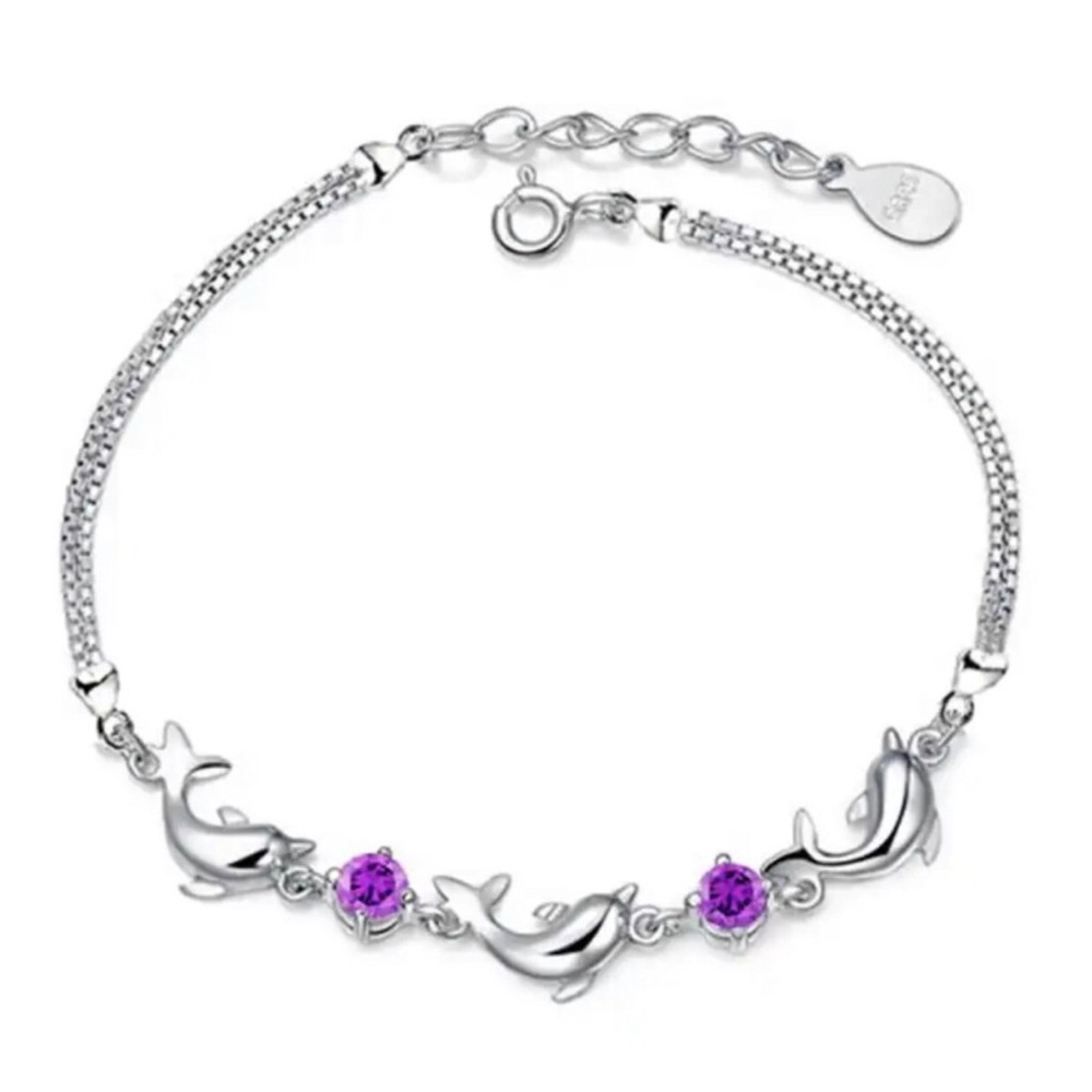 Sterling  Silver Dolphin Bracelet with Purple Amethyst Accents